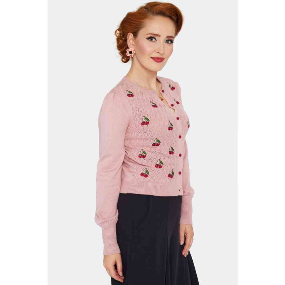 Voodoo Vixen - Cherry Embroidery Bell Sleeve Cardigan - Roze